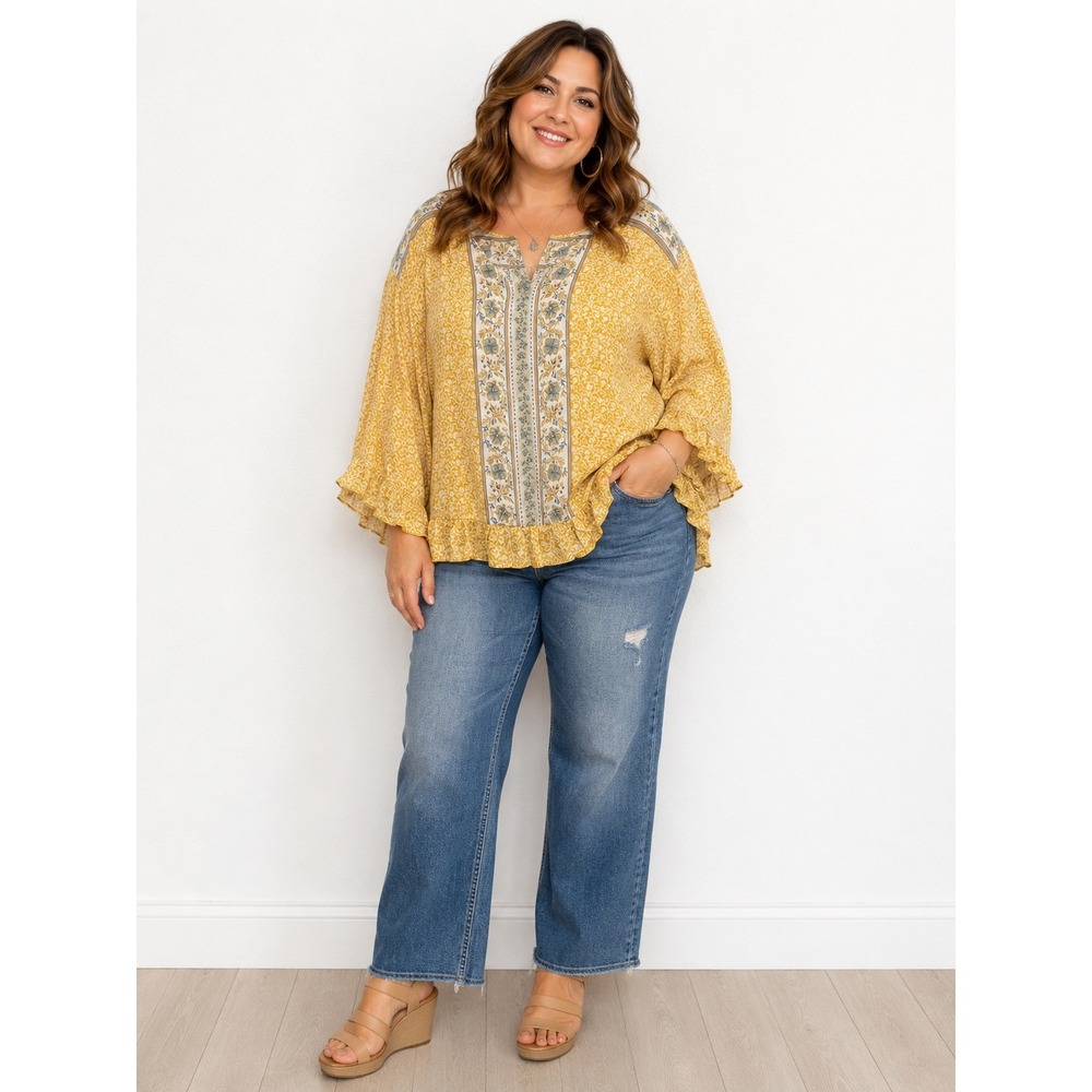 Cynthia Rowley Blouse 2X Yellow Floral Boho Ruffle Bell Sleeve V-Neck Top - Picture 1 of 8